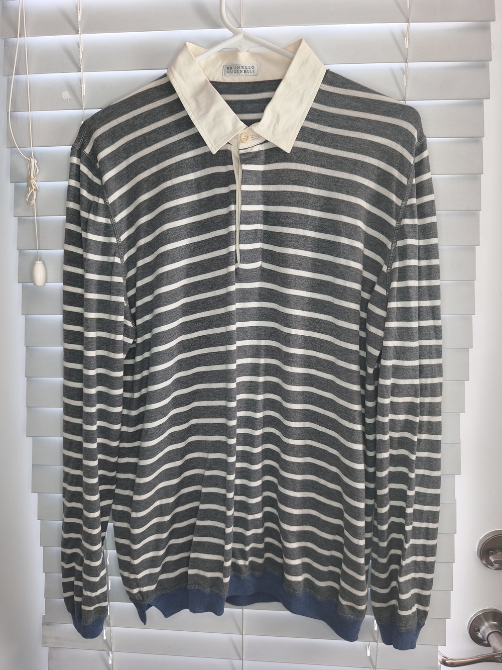 Brunello Cucinelli Mens Striped Cotton Polo Shirt Size 52 XL Gray White Italy